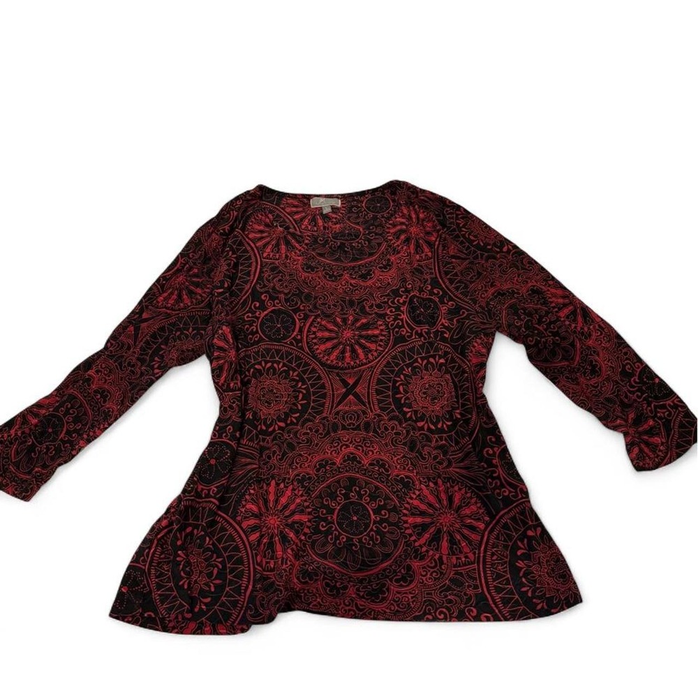 JM Collection Red Black Mandala Medallion Print 3/4 Sleeve Tunic Top L